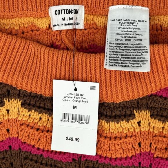 Cotton On Crochet Pants Orange Brown Size M Flare Boho Festival Retro New - Picture 6 of 8